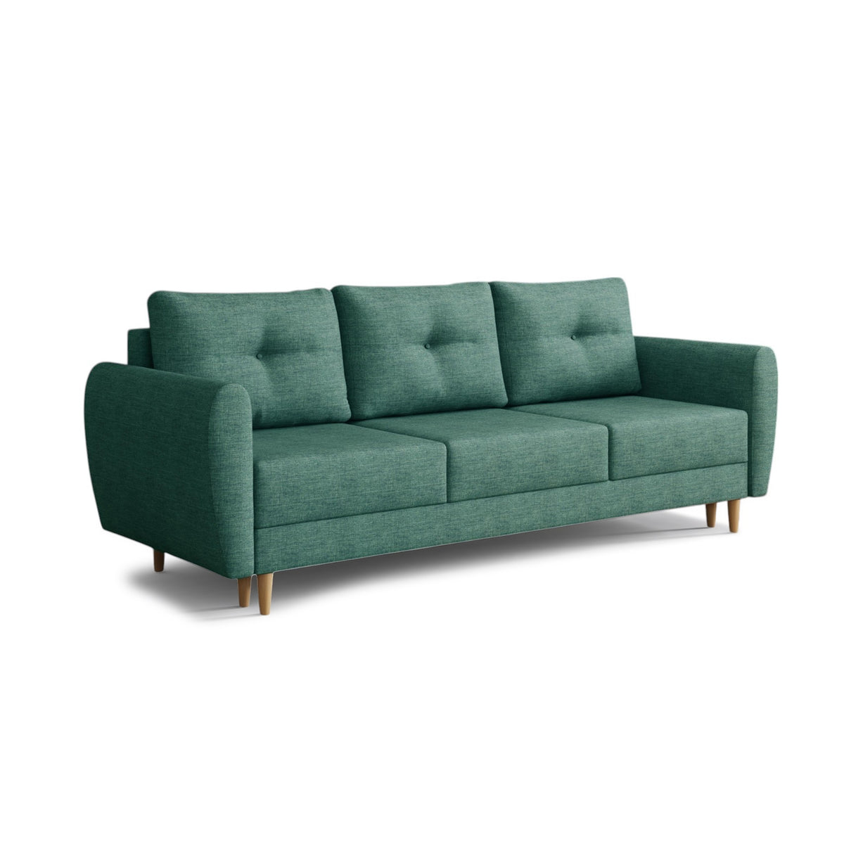 Canapé Harmi 235 cm Lazur Pétrole (SAWANA 30) – canapé trois places avec coffre de rangement pour la literie, sur pieds en hêtre