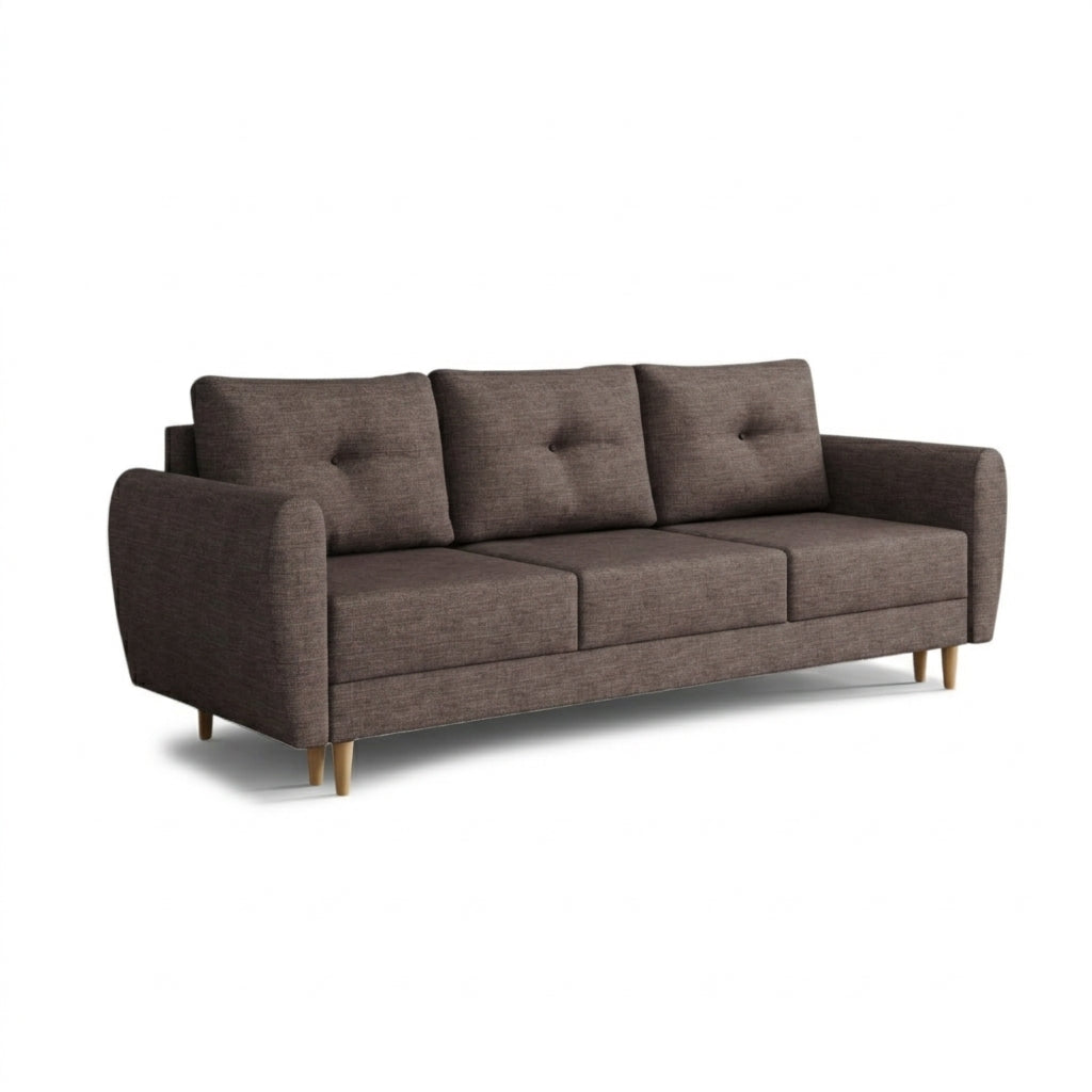 Canapé Harmi 235 cm Taupe Sable (SAWANA 12) – canapé trois places avec coffre de rangement pour la literie, sur pieds en hêtre
