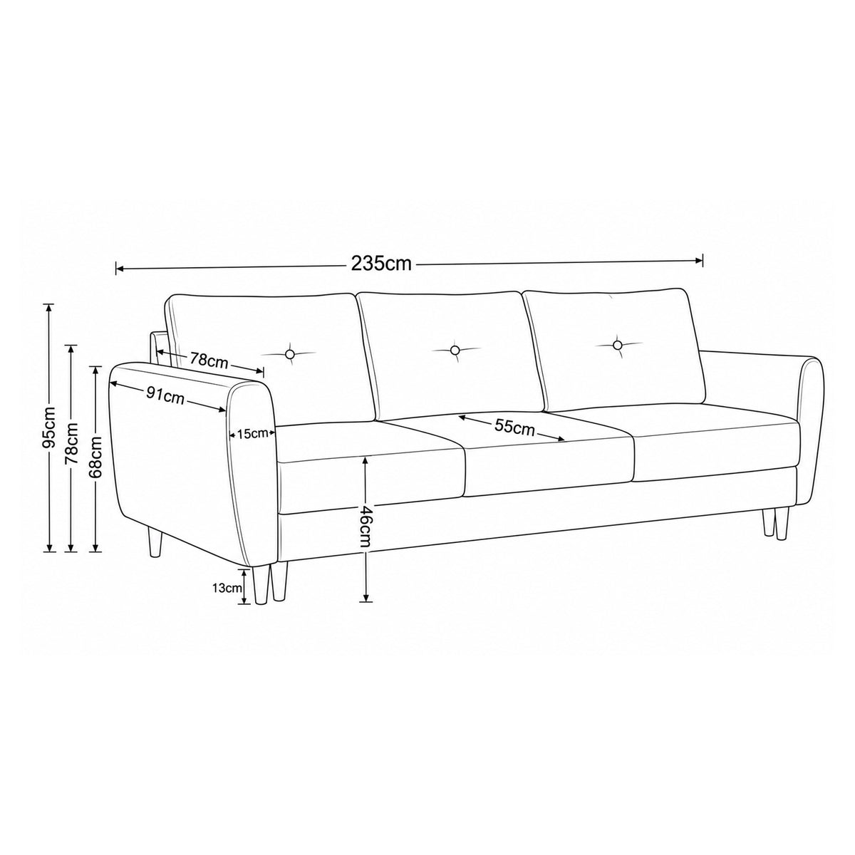 Canapé Harmi 235 cm – plan coté avec la largeur, la profondeur, la hauteur de l'assise et des pieds