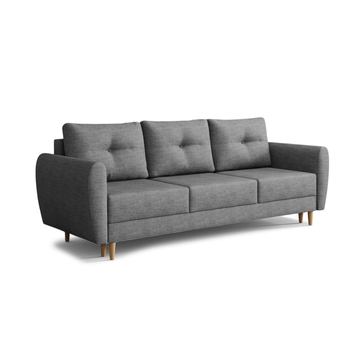 Canapé Harmi 235 cm Brume Argentée (SAWANA 05) – canapé avec fonction couchage et trois coussins matelassés, vue de trois quarts