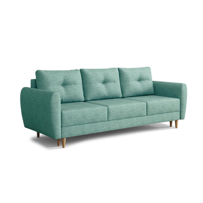 Canapé Harmi 235 cm Béton Argenté (SAWANA 29) – canapé trois places avec coffre de rangement pour la literie, sur pieds en hêtre