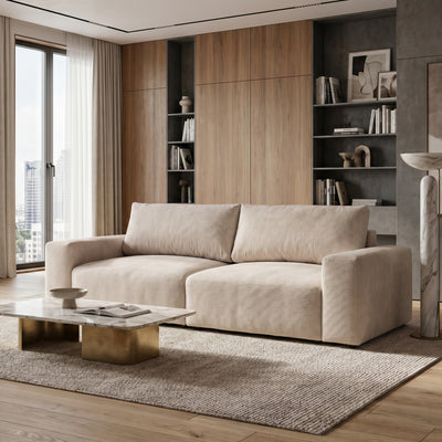Canapé Iskeli 260 cm Taupe Crème (ARAGON 03) dans un salon avec un mur en bois, une bibliothèque et une table basse en marbre – canapé de salon