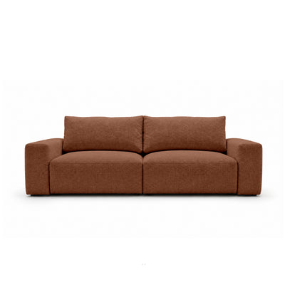 Canapé modulable Iskeli 260 cm Cannelle Mat (ARAGON 56), vue de face – canapé avec coffre de rangement pour la literie, en tissu Aragon