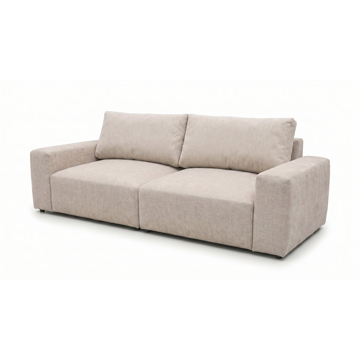 Canapé modulable Iskeli 260 cm Taupe Crème (ARAGON 03), vue de trois quarts – canapé avec fonction couchage et deux coussins de dossier