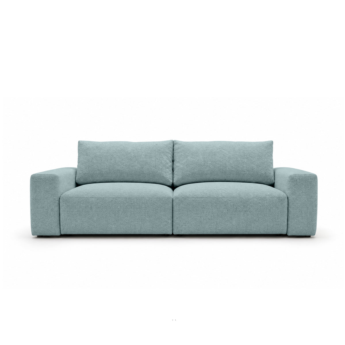 Canapé modulable Iskeli 260 cm Lazur Glacé (ARAGON 70), vue de face – canapé avec coffre de rangement pour la literie, en tissu Aragon