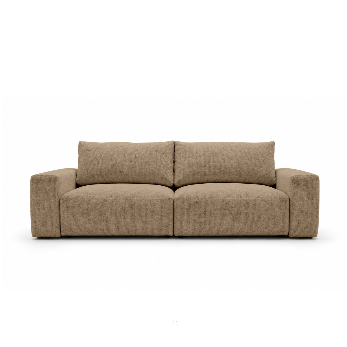 Canapé modulable Iskeli 260 cm Beige Noisette (ARAGON 14), vue de face – canapé avec coffre de rangement pour la literie, en tissu Aragon
