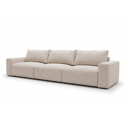 Canapé modulable Iskeli Plus 361 cm Taupe Crème (ARAGON 03), vue de trois quarts – grand canapé avec trois coussins de dossier