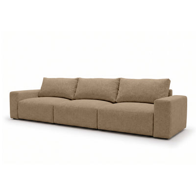 Canapé modulable Iskeli Plus 361 cm Beige Noisette (ARAGON 14), vue de trois quarts – canapé avec fonction couchage en tissu Aragon
