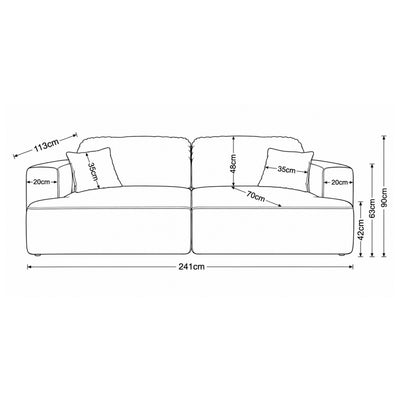 Canapé Senvali 241 cm – plan coté avec la largeur, la hauteur, la profondeur ainsi que les dimensions de l'assise et des accoudoirs