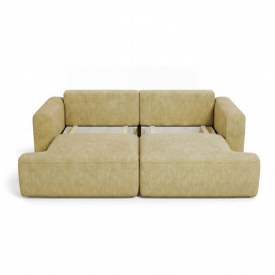 Canapé Senvali 241 cm Sépia Dorée (CLOUD 32) avec rangement ouvert pour la literie – deux compartiments sous l'assise