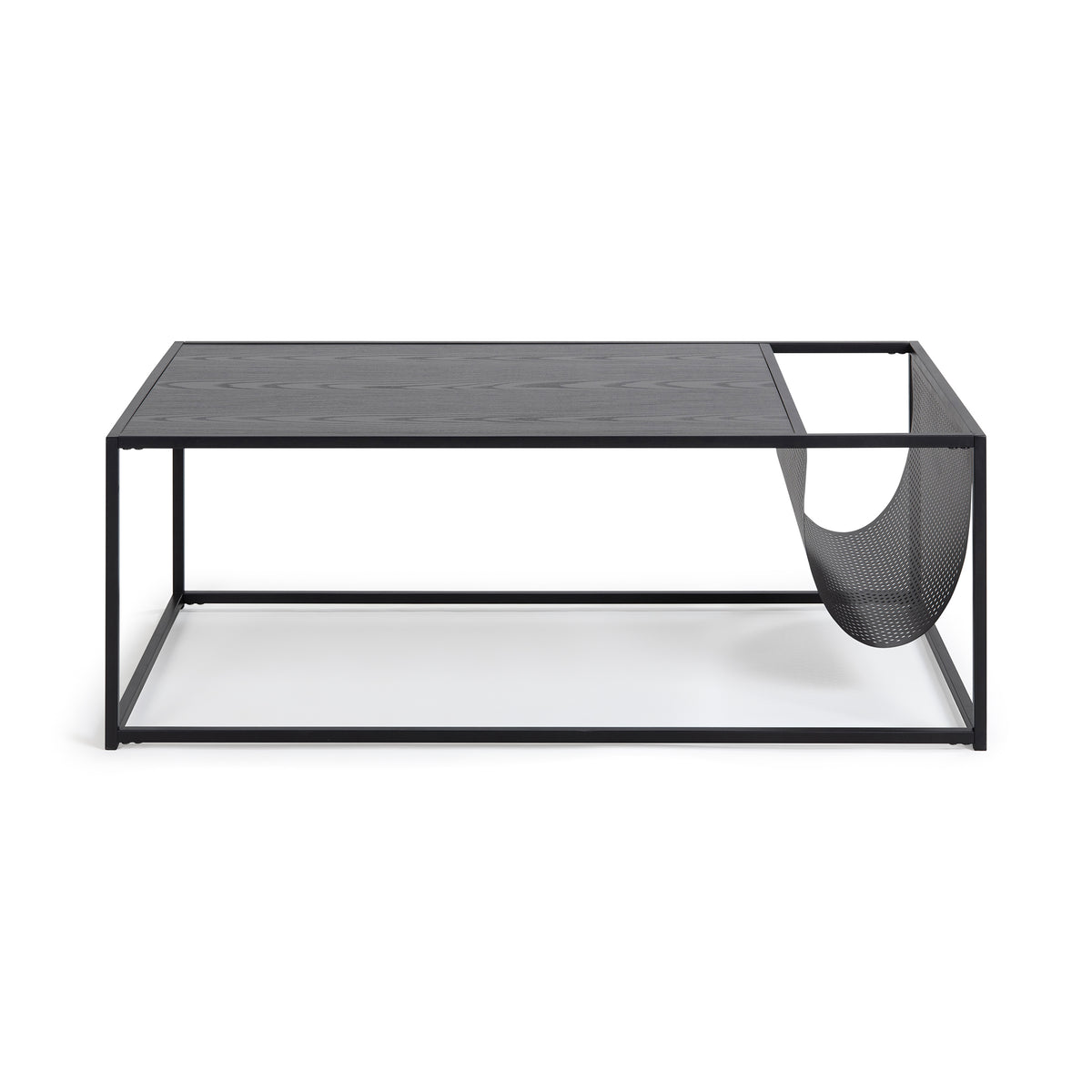 Table basse Skeleto 110 x 60, vue de face – structure en acier noir et compartiment perforé pour les magazines