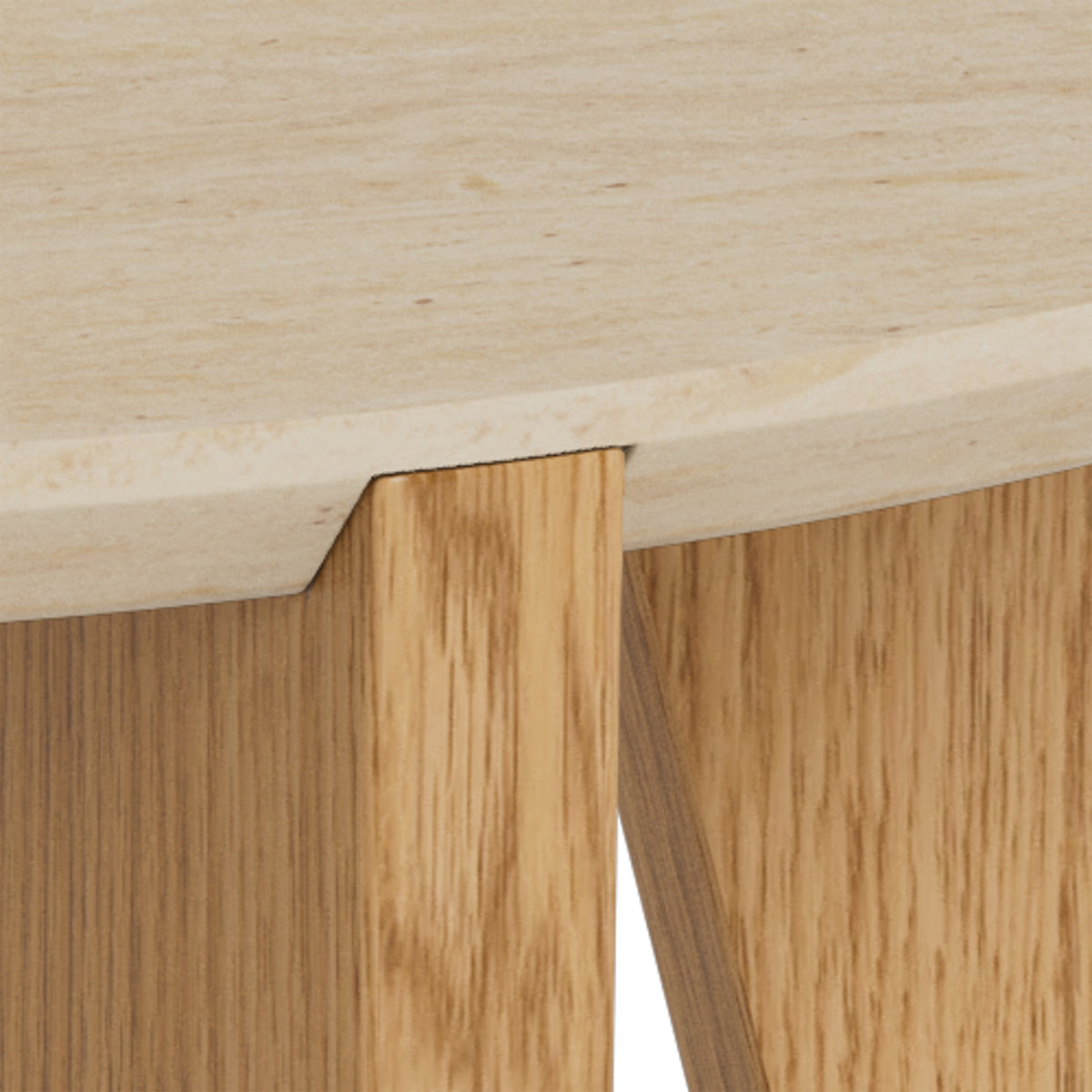 Table basse Tendra Ø80x45 – détail du bord du plateau couleur travertin et raccord avec le pied
