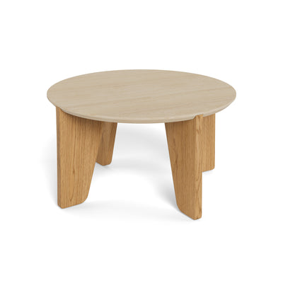 Table basse Tendra Ø80x45 avec plateau aspect travertin et pieds couleur chêne – table de salon, vue de profil