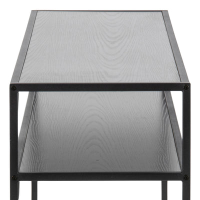 Table console Skeleto 120 x 79, mélamine noire – gros plan sur le grain du frêne noir dans le cadre en acier