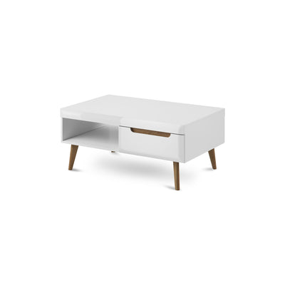 Trava Coffee Table 107x46 cm with Shelf, Modern Style – White Gloss Riviera Oak
