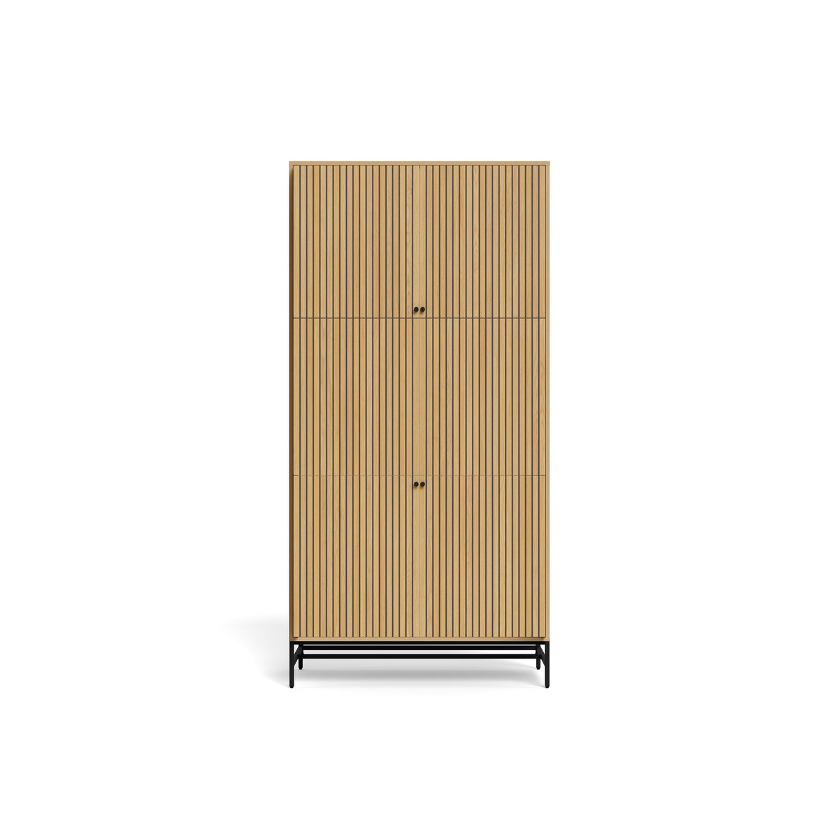 Armoire Bambouz 99 x 200, vue de face – portes à lamelles au décor chêne, avec des poignées rondes noires