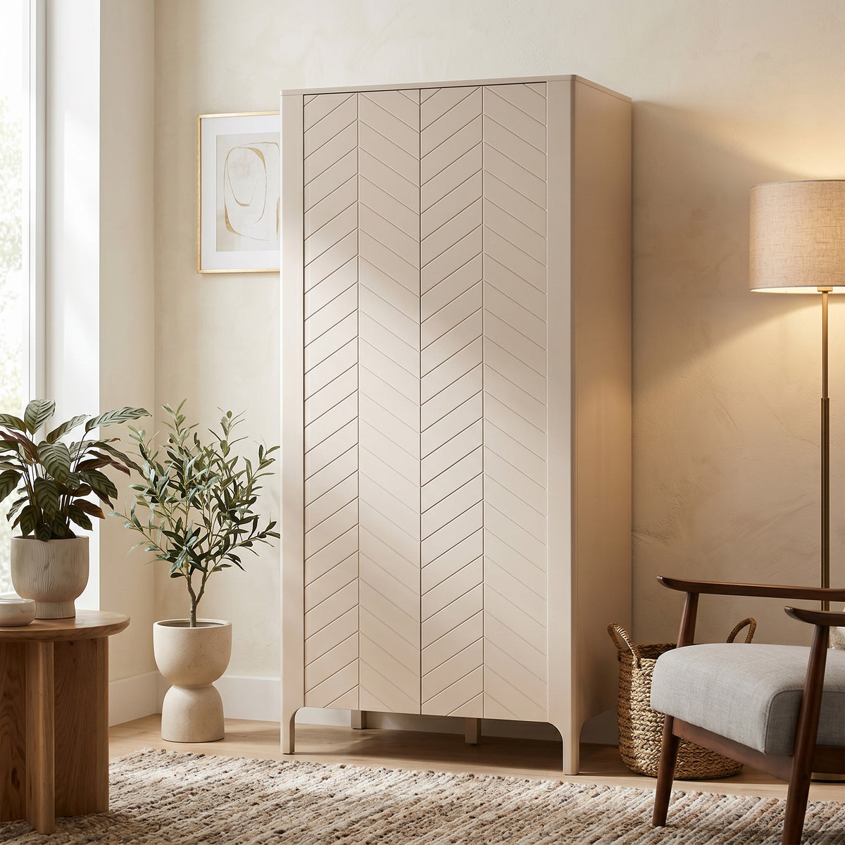 Armoire EKLIPSO 90x197 avec façades à chevrons de style moderne, coloris cachemire - dans un aménagement intérieur | Pillovely