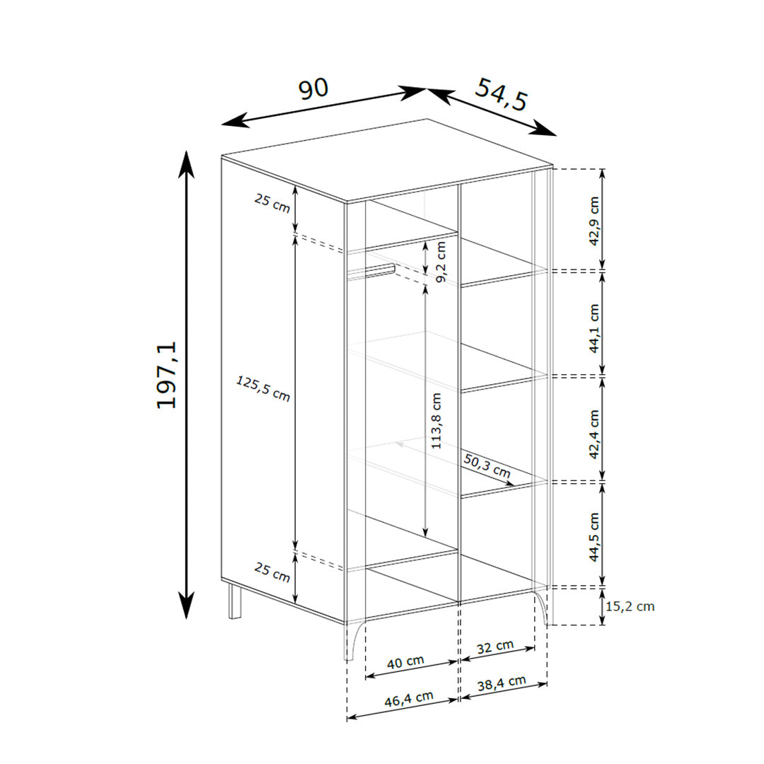 Armoire EKLIPSO 90x197 avec façades à chevrons de style moderne - dessin coté | Pillovely
