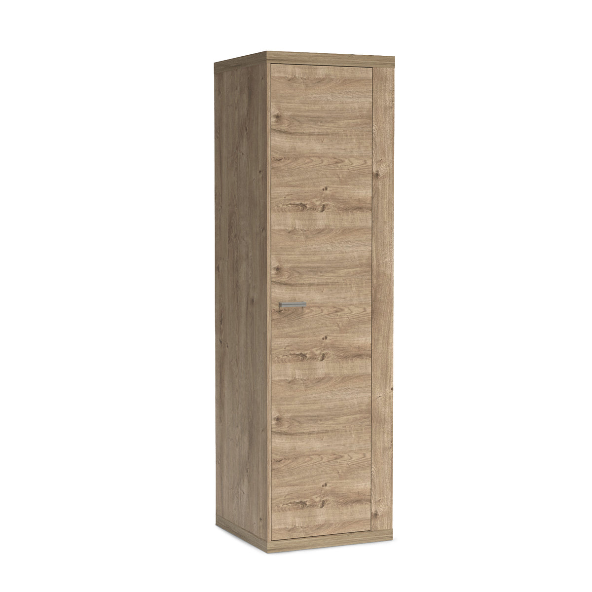 Armoire Korin 201x57 coloris chêne – armoire étroite 1 porte avec poignée métallique, vue de biais