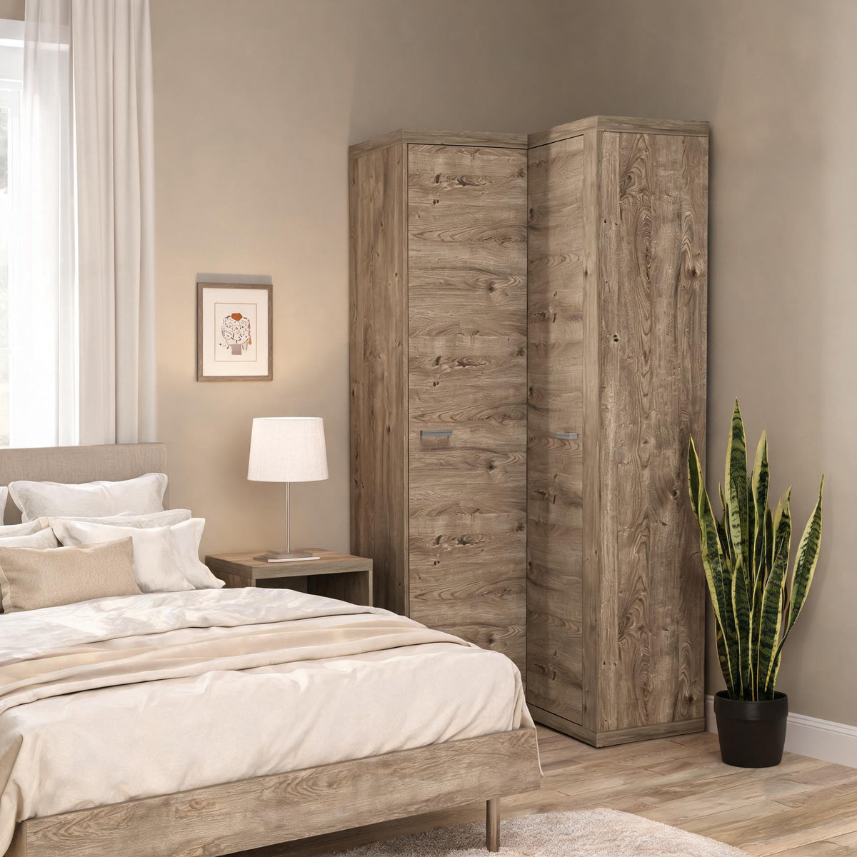 Armoire d'angle Korin 109x201 dans un coin de chambre près du lit et de la table de chevet – armoire d'angle pour la chambre