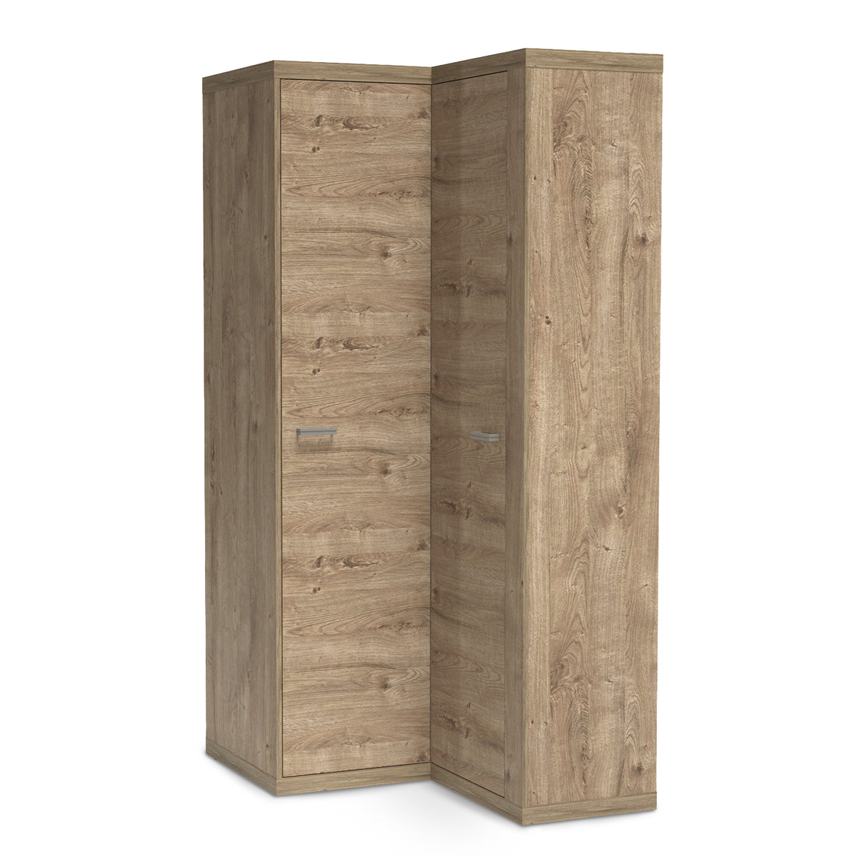 Armoire d'angle Korin 109x201 coloris chêne – armoire d'angle en L à deux portes, vue de biais
