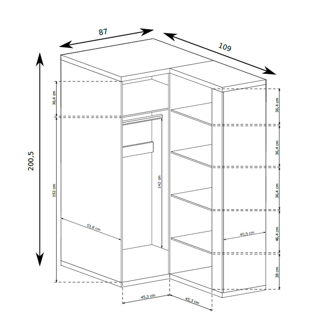 Armoire d'angle Korin 109x201 – schéma des dimensions avec largeur, hauteur et profondeur