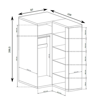 Armoire d'angle Korin 109x201 – schéma des dimensions avec largeur, hauteur et profondeur