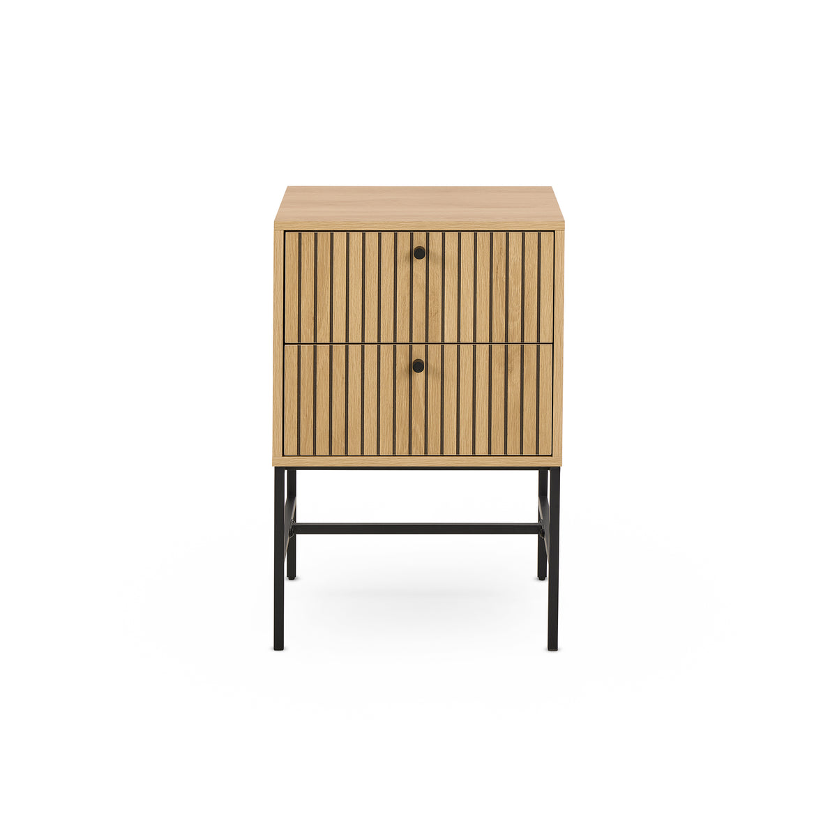 Table de chevet Bambouz 46 x 70 en chêne – vue de face sur deux tiroirs à lamelles dotés de poignées noires