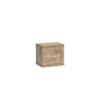 Table de chevet Korin 57x51 coloris chêne – table de chevet avec porte et poignée métallique, vue de biais