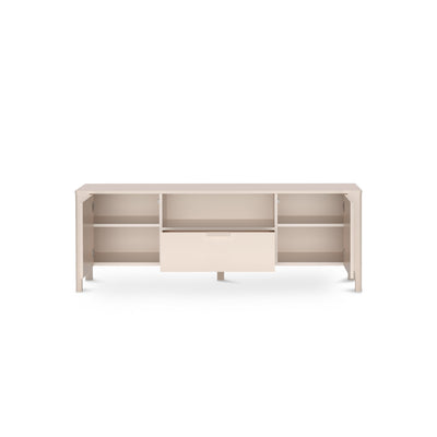 Meuble TV EKLIPSO 160x57 avec façades à chevrons de style moderne, coloris cachemire - intérieur après ouverture | Pillovely