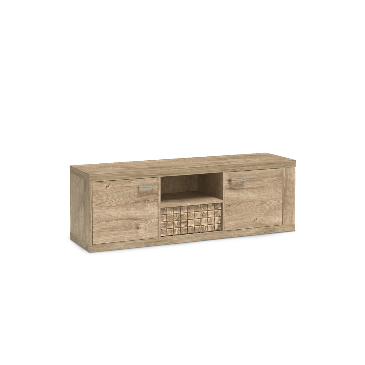 Meuble TV Korin 151x51 coloris chêne – meuble TV avec 2 portes, niche et tiroir, vue de biais