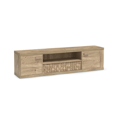 Meuble TV Korin 196x51 coloris chêne – long meuble TV avec placards latéraux et niche centrale, vue de biais