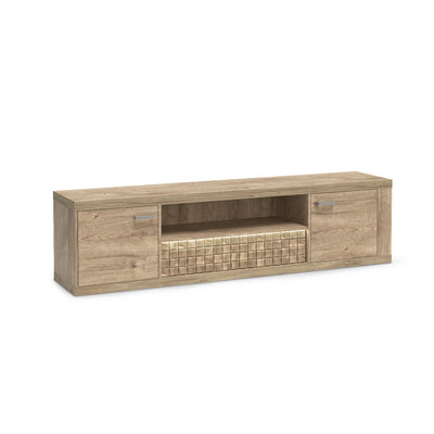 Meuble TV Korin 196x51 avec LED – lumière chaude au-dessus de la façade rainurée du tiroir, meuble TV avec LED