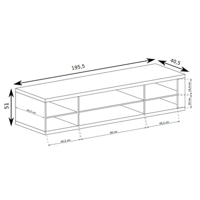 Meuble TV Korin 196x51 – schéma des dimensions avec largeur, hauteur et profondeur