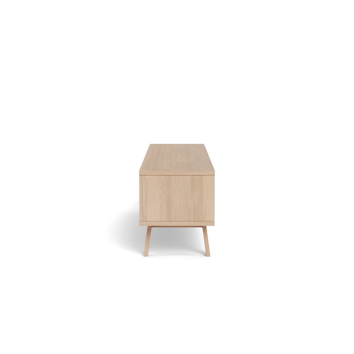 Meuble TV Lurisse 180 x 50, chêne blanchi – vue de profil, meuble TV bas sur des pieds légèrement inclinés