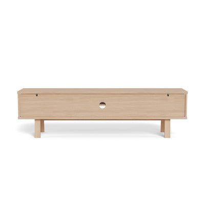 Meuble TV Lurisse 180 x 50, chêne blanchi – vue arrière sur la paroi arrière dotée d'une ouverture ronde