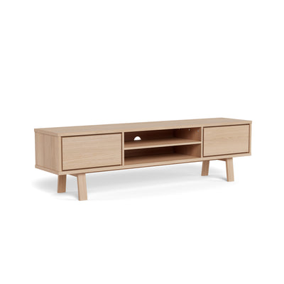Meuble TV Lurisse 180 x 50, chêne blanchi – vue de profil, meuble TV avec deux tiroirs et une étagère