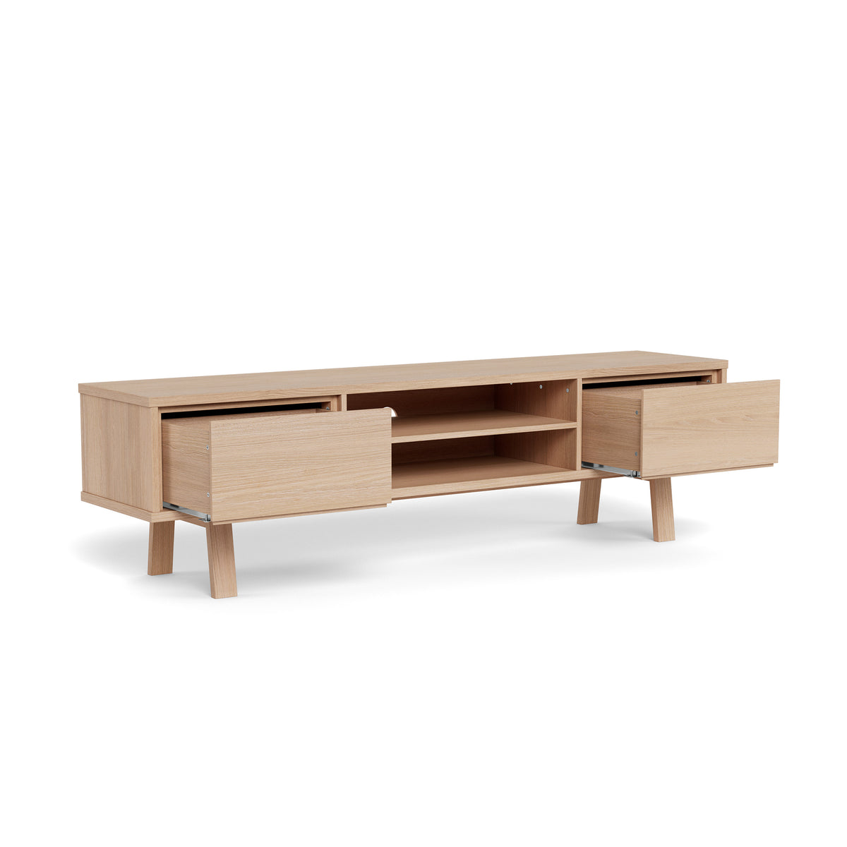 Meuble TV Lurisse 180 x 50, chêne blanchi, avec tiroirs coulissants – meuble TV spacieux doté d'un système « push-to-open »