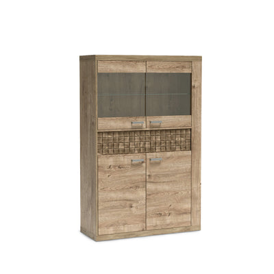 Vitrine Korin 102x160 coloris chêne – vitrine avec 2 portes vitrées, tiroir et placard, vue de biais
