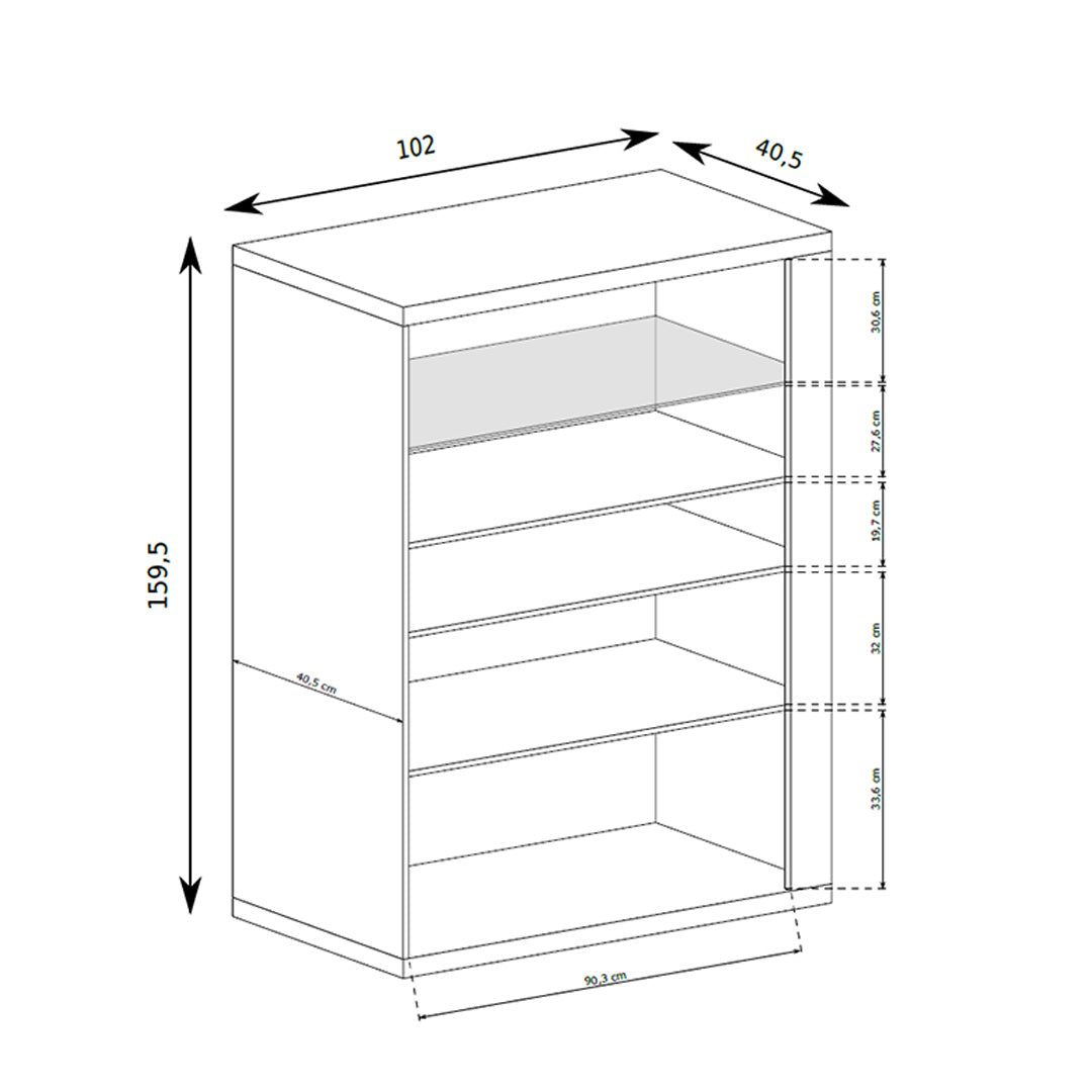 Vitrine Korin 102x160 – schéma avec largeur, hauteur et profondeur