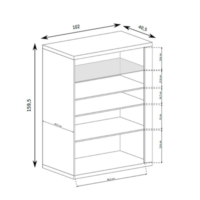 Vitrine Korin 102x160 – schéma avec largeur, hauteur et profondeur