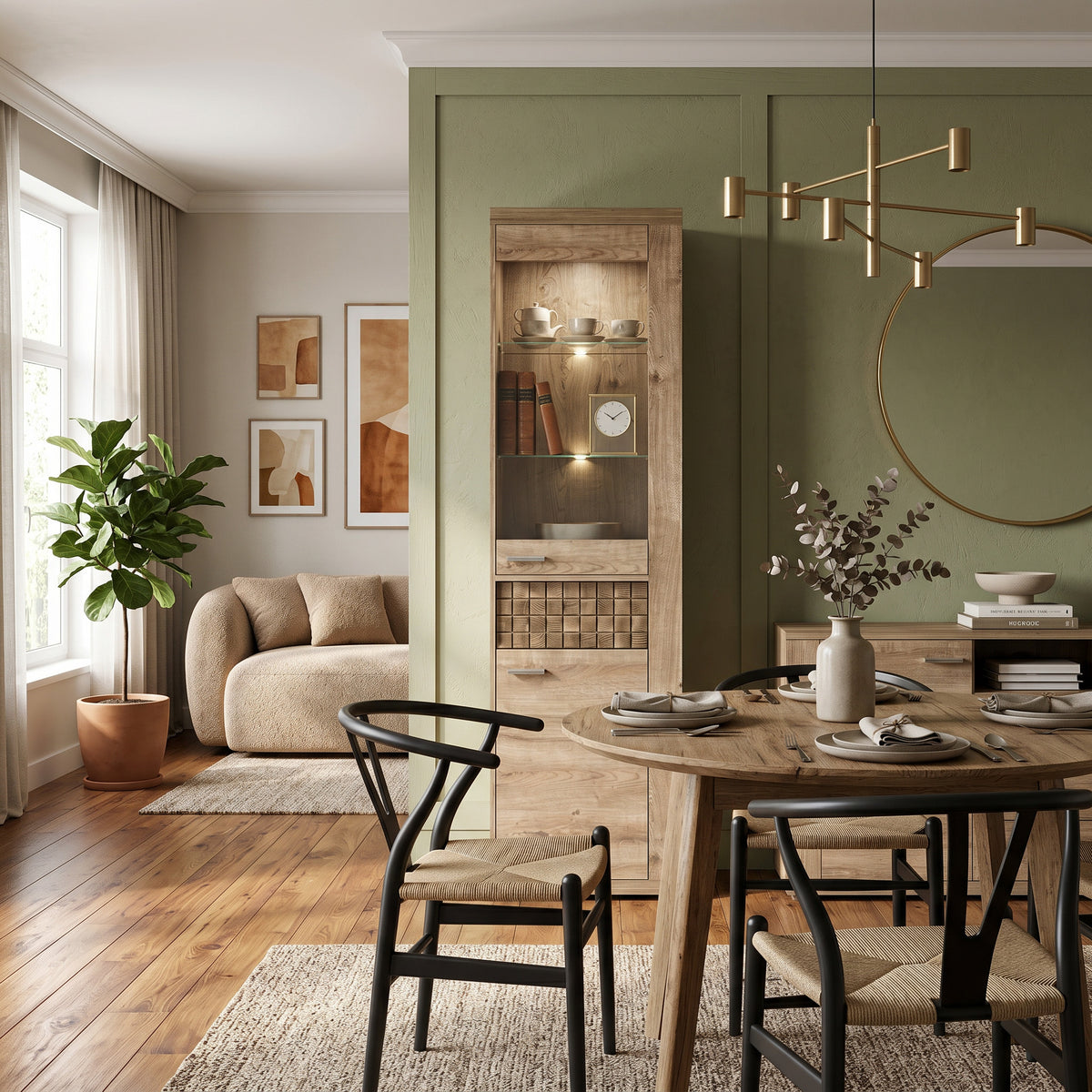 Vitrine Korin 201x57 dans une salle à manger à mur vert près d'une table ronde – vitrine éclairée pour porcelaine