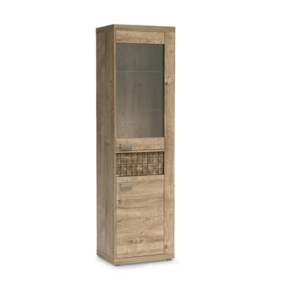 Vitrine Korin 201x57 coloris chêne – vitrine étroite avec porte vitrée et étagères en verre, vue de biais