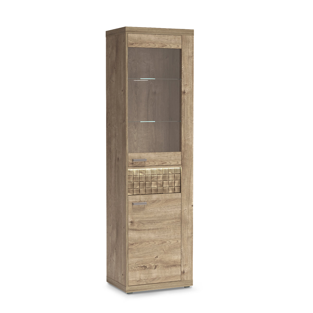 Vitrine Korin 201x57 avec LED – étagères en verre et façade éclairées, vitrine avec éclairage LED