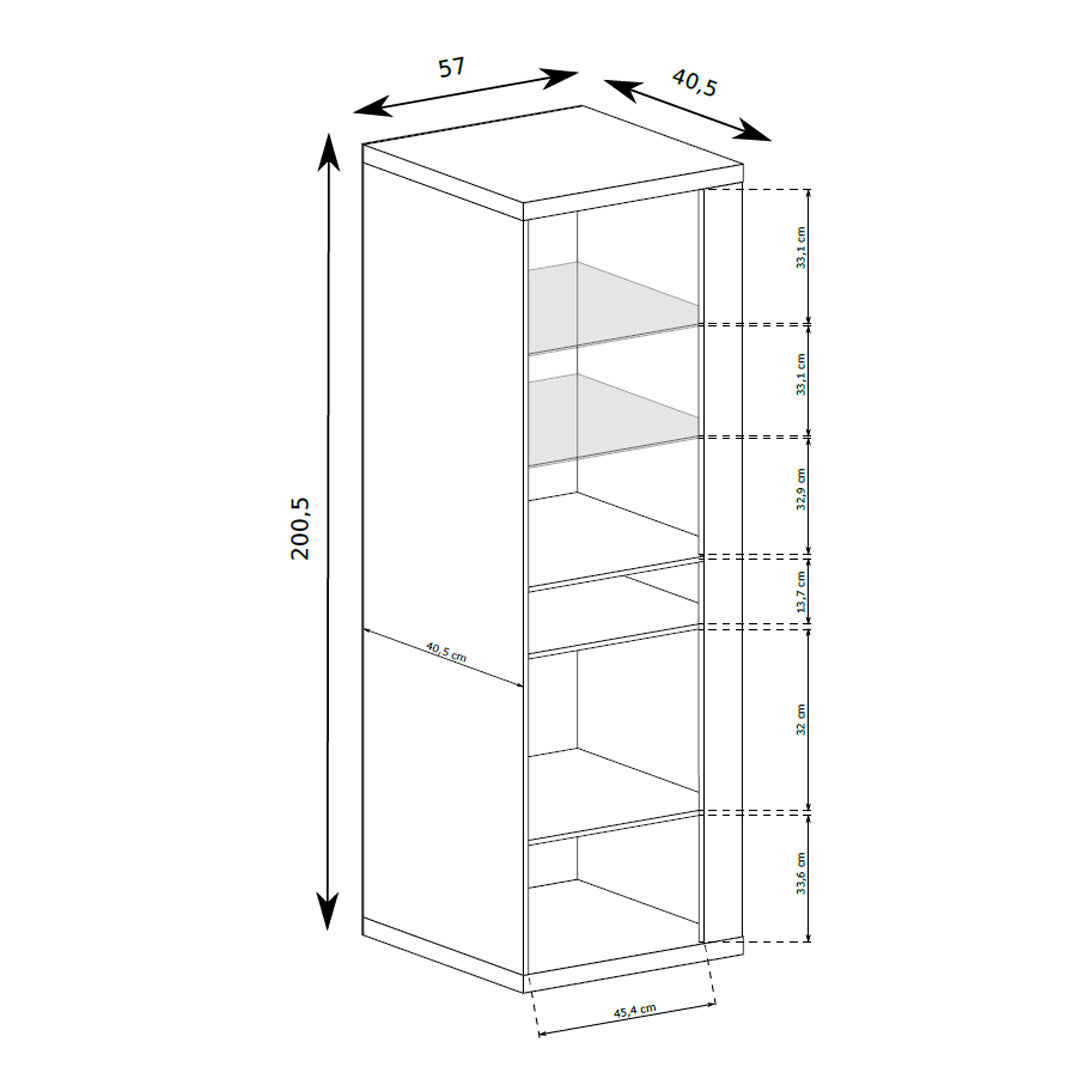 Vitrine Korin 201x57 – schéma avec largeur, hauteur et profondeur