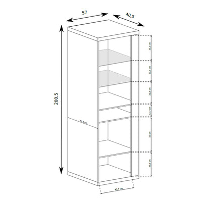 Vitrine Korin 201x57 – schéma avec largeur, hauteur et profondeur