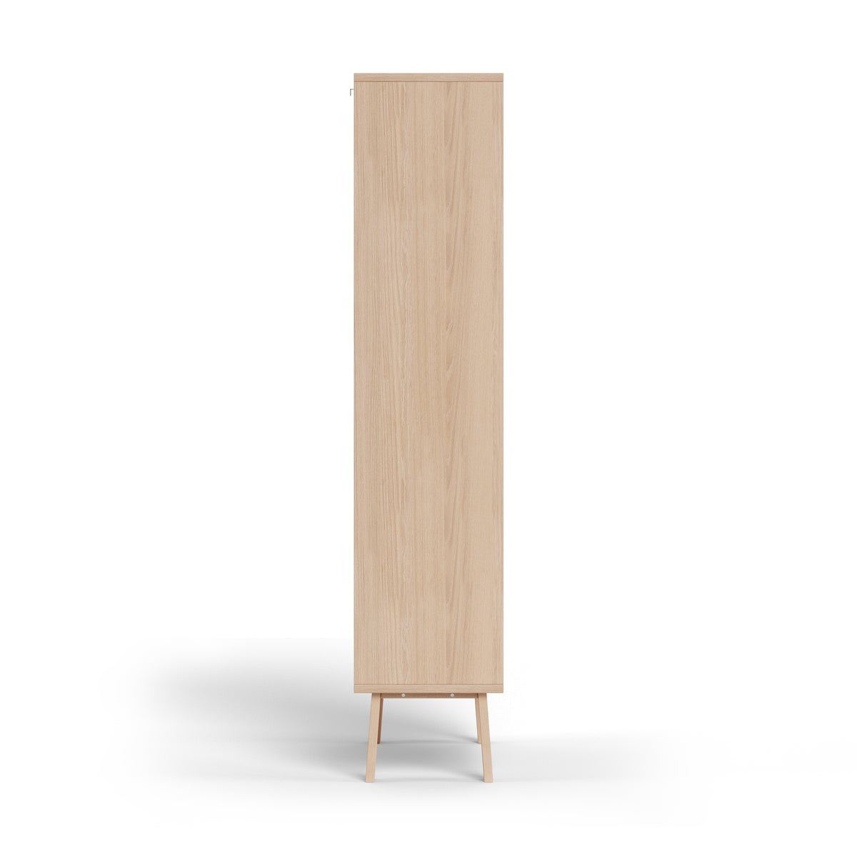 Vitrine Lurisse 90 x 180 en chêne blanchi, vue de profil : une structure élancée d'une profondeur de 35 cm reposant sur des pieds en bois