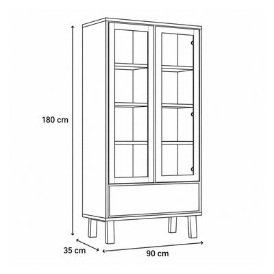 Vitrine vitrée Lurisse 90 x 35 x 180 – plan coté indiquant la largeur, la profondeur et la hauteur