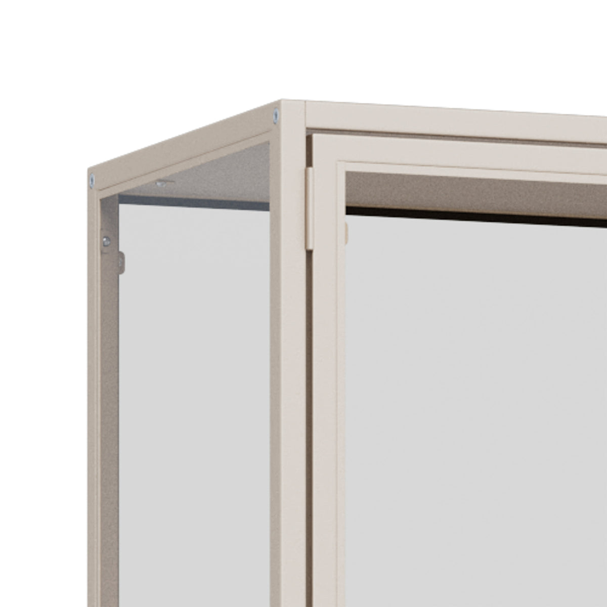 Vitrine Skeleto 77 x 186, mélaminé gris – détail du coin du cadre et de la charnière de la porte en verre trempé