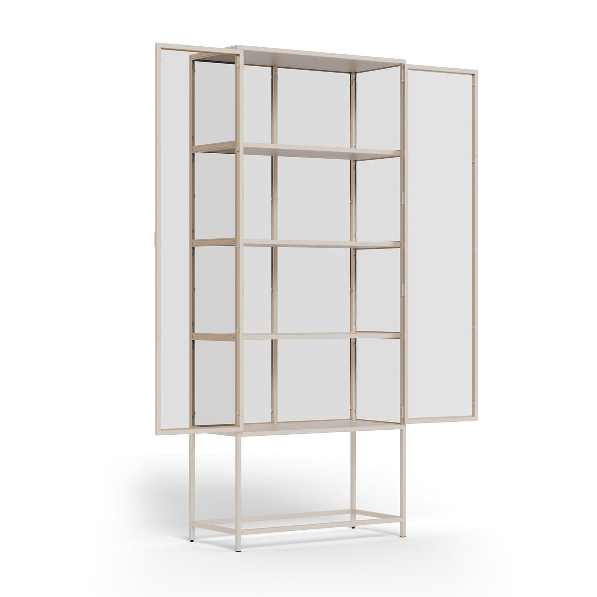 Vitrine Skeleto 77 x 186, mélaminé gris, à portes ouvertes – quatre étagères à l'intérieur, vitrine à portes vitrées